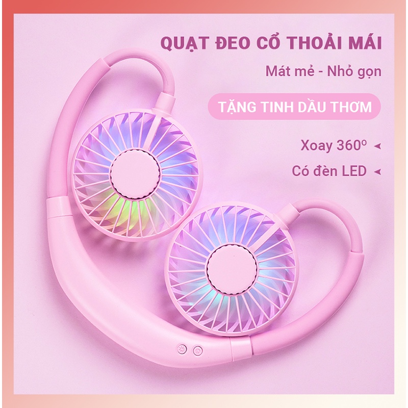Quạt đeo cổ mini X8 nhỏ gọn độ bền cao có đèn LED và tinh dầu thơm dung lượng pin 2000mAh sử dụng lâu xoay 360