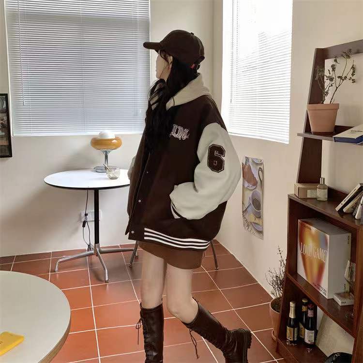 Áo Khoác Đồng Phục Bóng Chày Màu Nâu Phong Cách Retro Đường Phố Mỹ