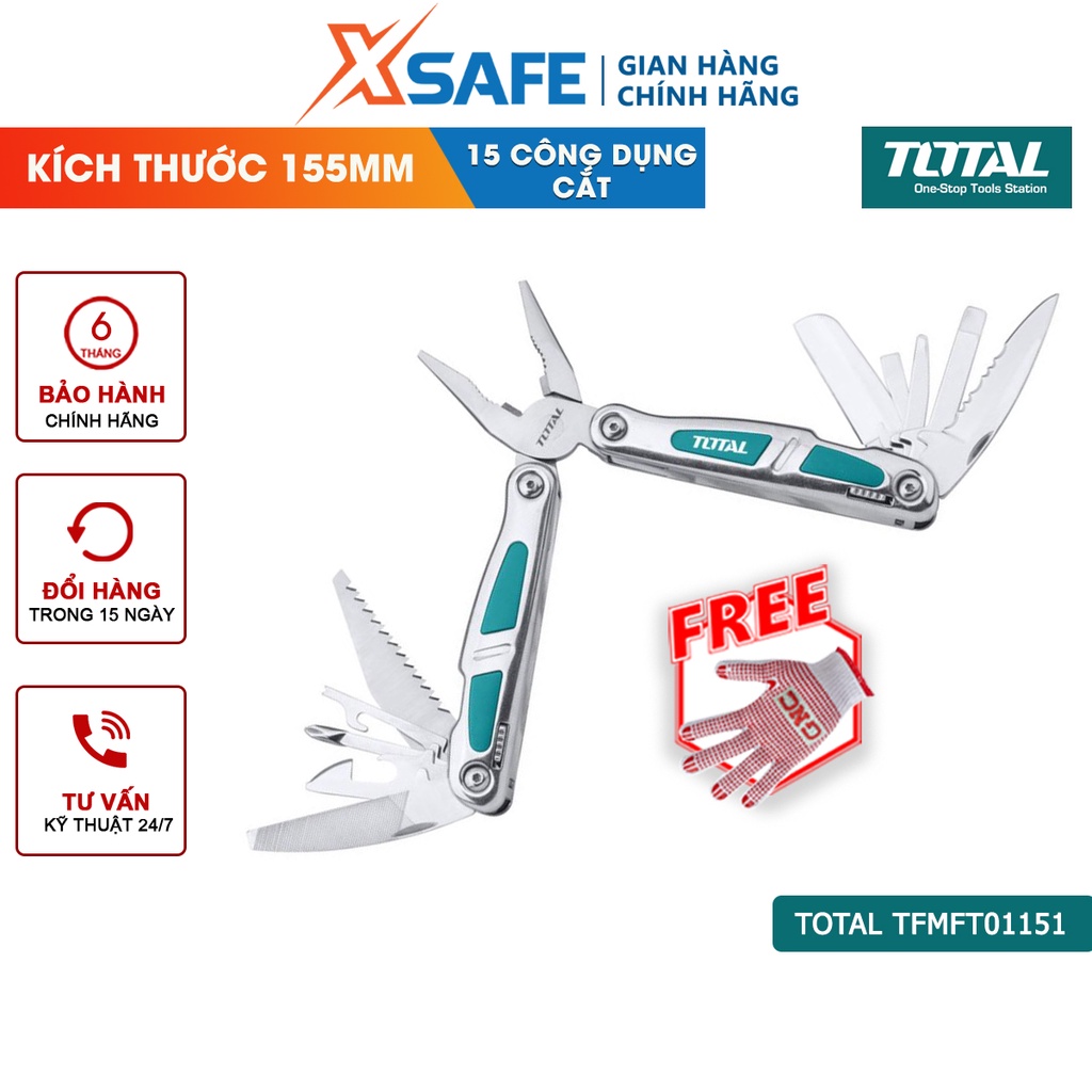Kìm đa năng TOTAL TFMFT01151 15 công dụng cắt, kích thước tổng thể 155 mm, linh kiện thép không gỉ, có thể gập gọn