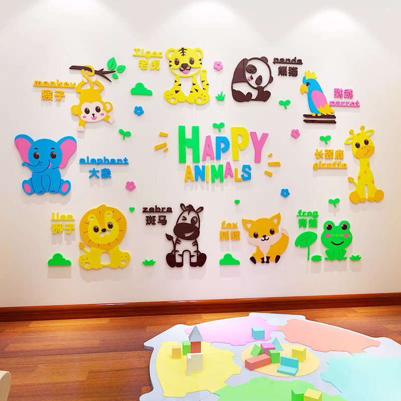 Tranh dán tường Mon Mon - Decal mica happy animail, thế giới động vật, cùng bé học Tiếng Anh với các con vật