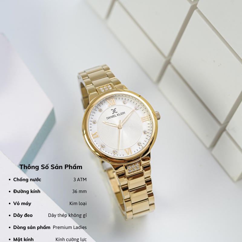 Đồng hồ nữ Daniel Klein Watch DK.1.12548 mặt nhỏ đính đá, kính cứng chống xước, chống nước, dây thép đeo tay cao cấp