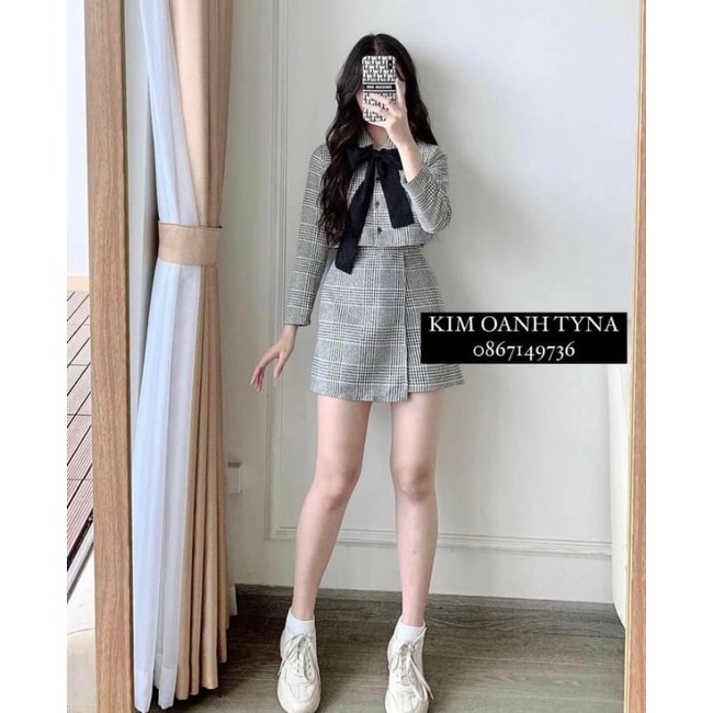 Set váy dạ kẻ kèm nơ