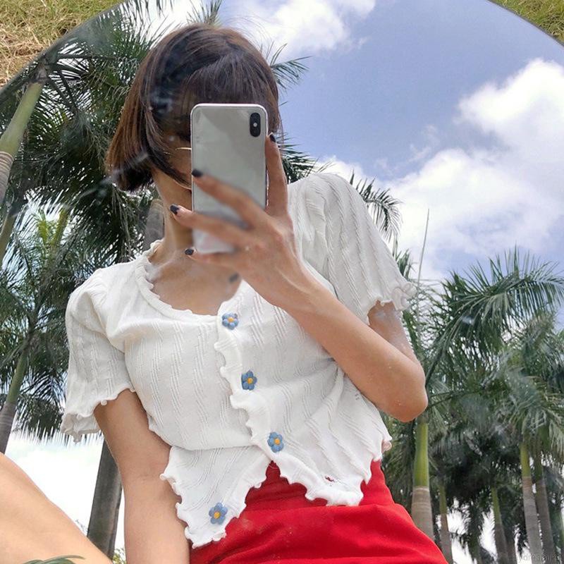 Áo Thun Croptop Dệt Kim Tay Ngắn Cổ Chữ V Màu Trơn Cho Nữ