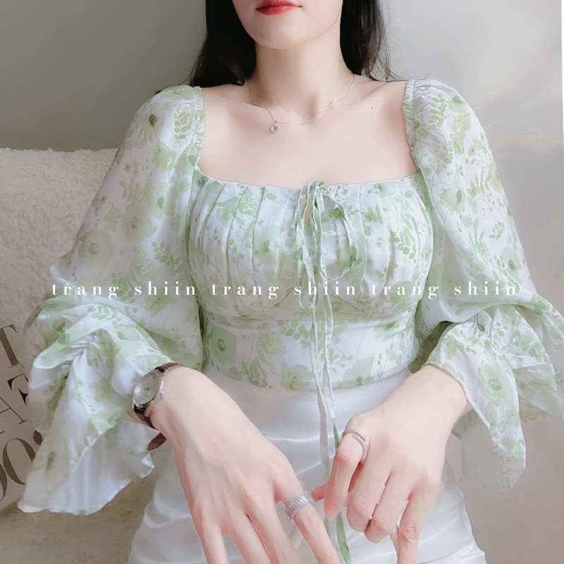 SET ÁO HOA XẾP NGỰC CHÉO DÂY CỔ + CHÂN VÁY ĐẮP TÀ TRẮNG
