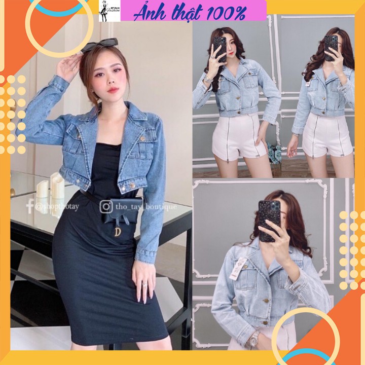 cao bồi Áo Khoác Jean Nữ Cao Cấp Cổ Vest Phối Túi SIêu Đẹp