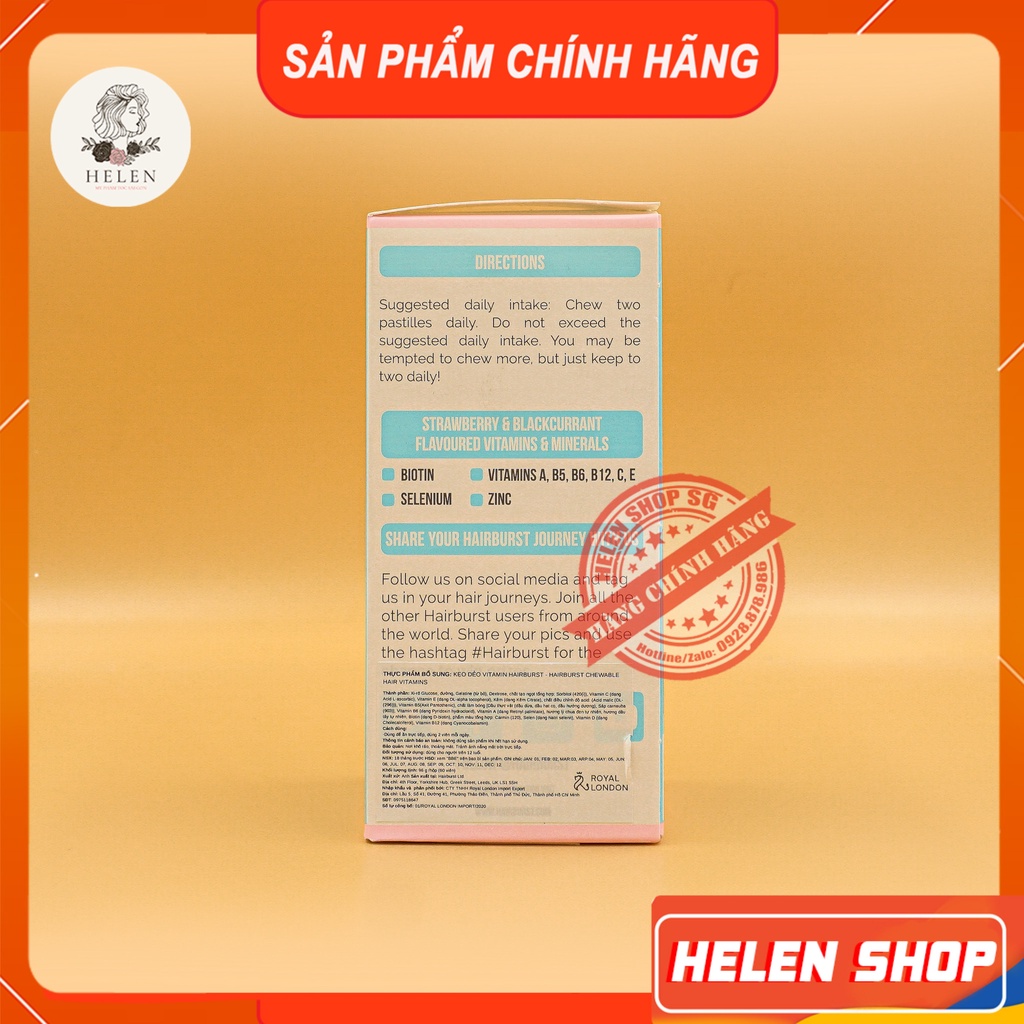 Kẹo Dẻo Hairburst Chăm Sóc Tóc, Kích Mọc Tóc HAIRBURST Chewable Hair Vitamins 60 viên 96g