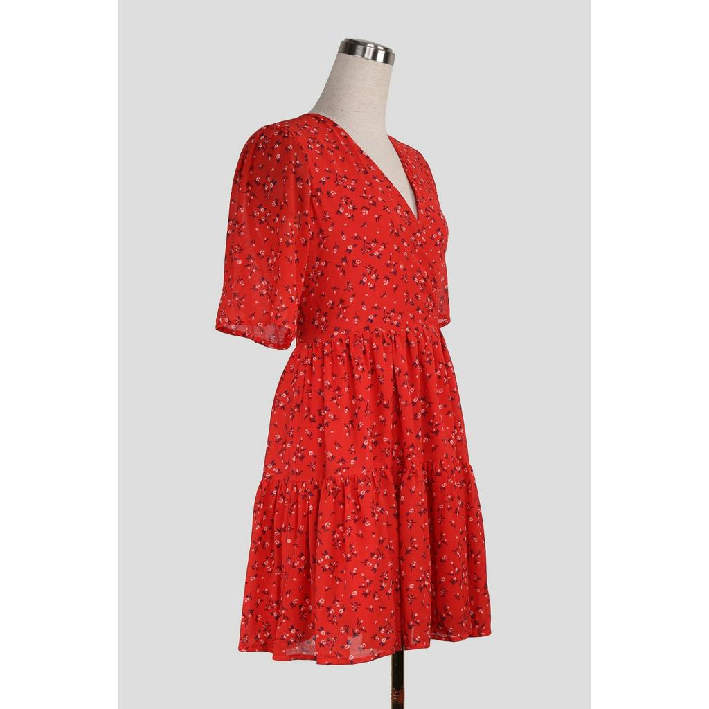 Đầm Voan Đỏ Hoa Nhí 𝐄.𝐬𝐭𝐮𝐝𝐢𝐨 Tay Ngắn, Dáng Xòe