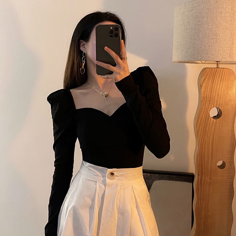 Áo Thun Tay Dài Phồng Cổ Vuông Dáng Ôm Thời Trang Retro Thanh Lịch Quyến Rũ Cho Nữ