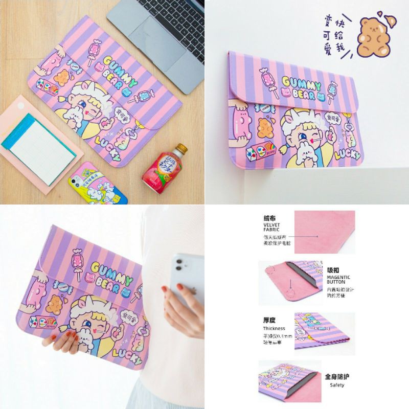 Túi chống sốc 13.3 inches da PU đựng laptop Macbook Air Ipad Pro Bentoy Milkjoy gấu jelly bean Gummy Bear kẻ tím hồng