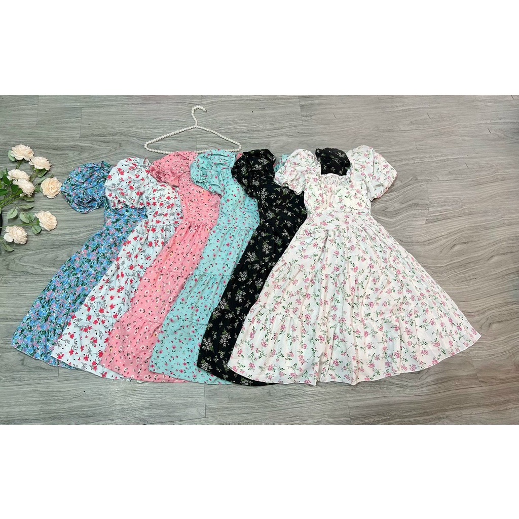 Váy suông hoa nhí tay bồng cổ vuông mút ngực siêu xinh bầu bì bon chen hình thật