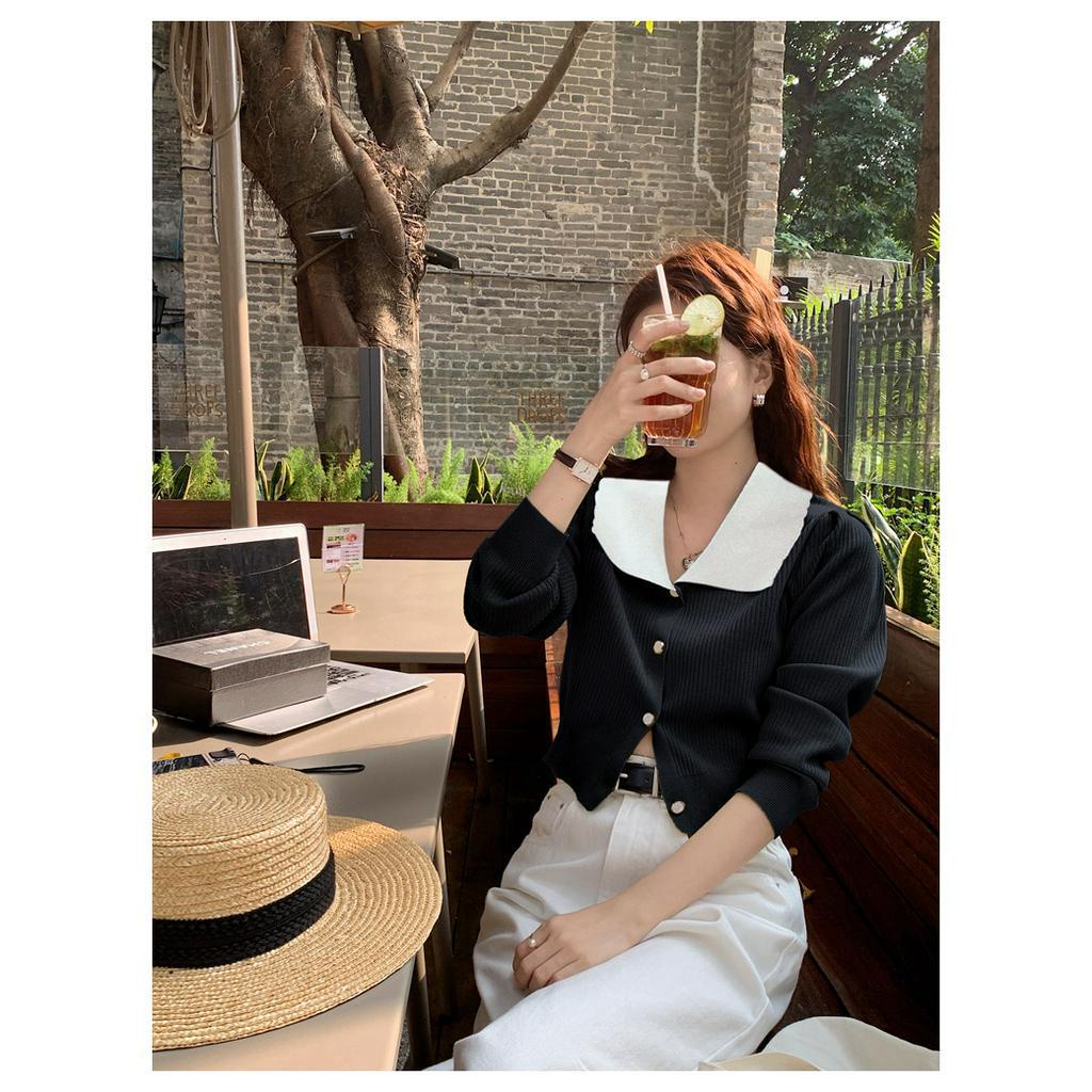 Áo Cardigan Dệt Kim Cổ Bẻ Dáng Ôm Màu Sắc Tương Phản 61405