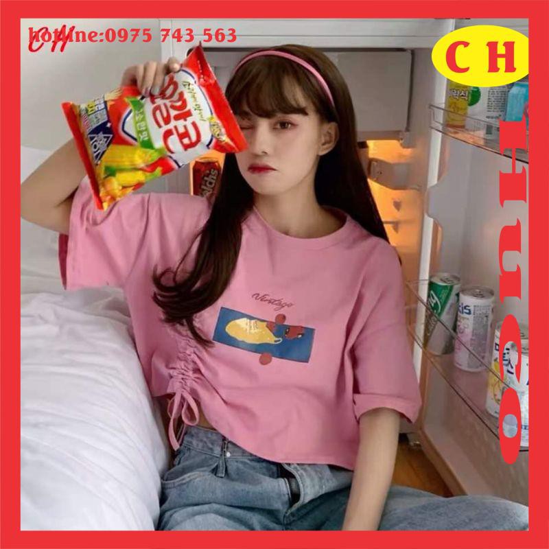 áo thun croptop nữ có dây rút hông, croptop logo nhỏ cute điệu đà ngắn tay, chất cotton mềm mát form rộng chuẩn ảnh