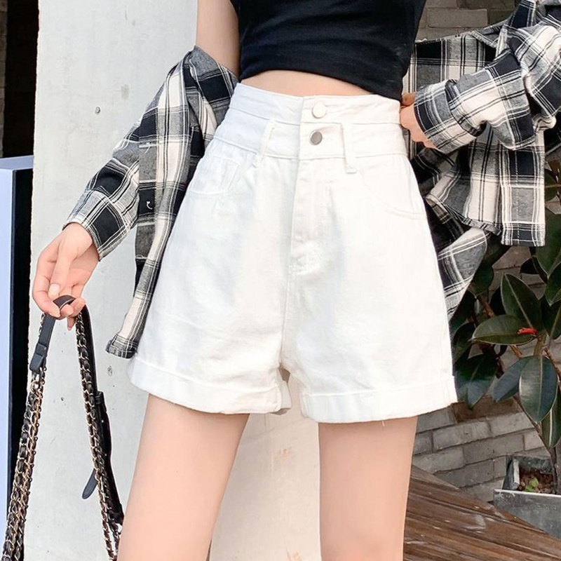 Quần Short Denim Dáng Chữ A Lưng Cao Ống Rộng Phối Hai Hàng Nút Thời Trang Mùa Hè Cho Nữ