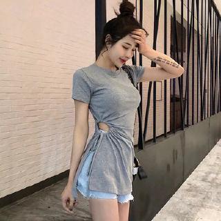 Áo Thun Tay Ngắn Cổ Tròn Thiết Kế Dây Rút Thắt Eo Phong Cách Retro