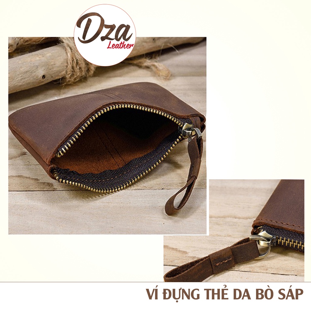Ví đựng thẻ da bò sáp mini Dza leather có khóa kéo đồng nhỏ gọn sành điệu