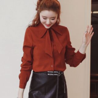 Áo sơ mi nữ da lộn phối nơ cổ HÌNH THẬT
