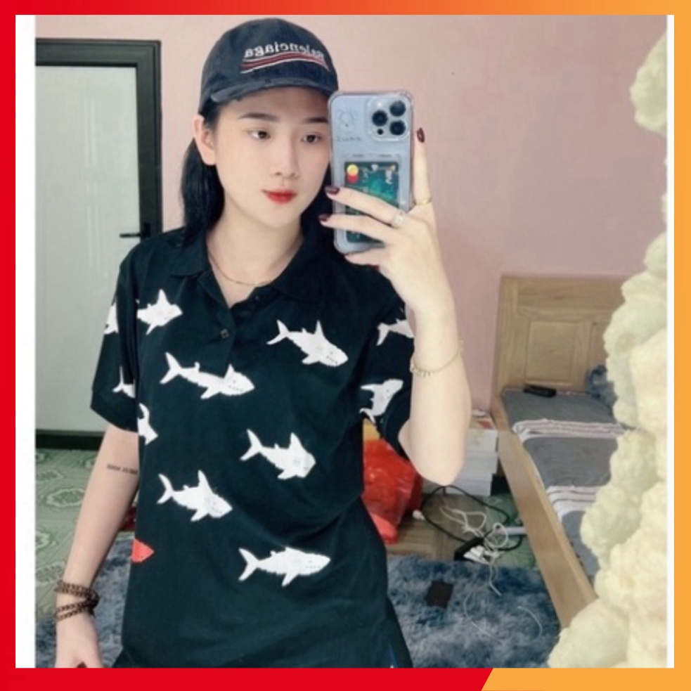 Áo polo đen trắng, tay ngắn, chất cotton thoáng mát, áo unisex đẹp cao cấp in cá mập 5D cực sịn sò