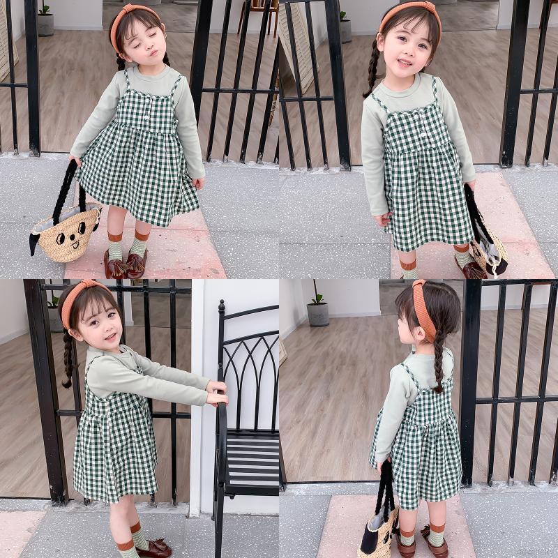 Bộ áo thun dài tay kẻ ca rô + váy yếm dễ thương cho bé