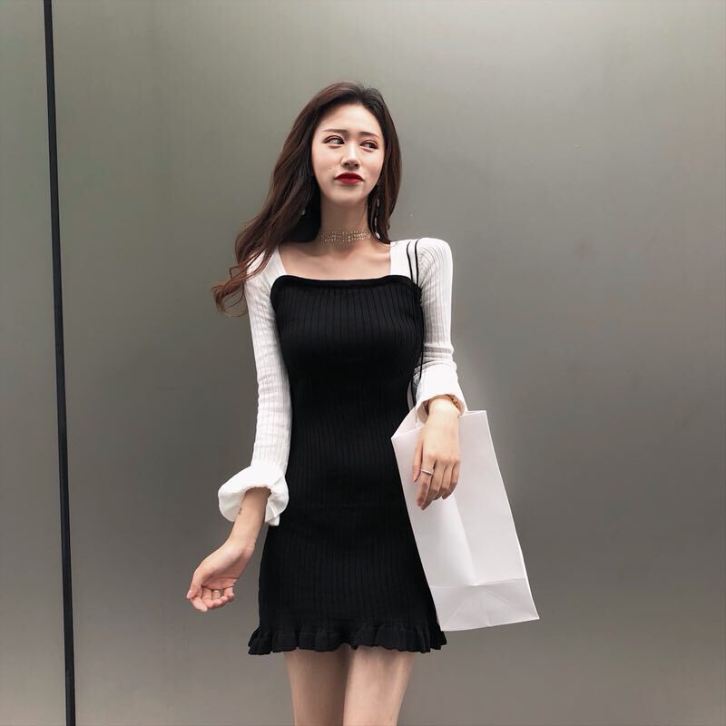 Women Ruffled Slim Skirt Color Matching Waist Long-sleeved Knitted Dress | BigBuy360 - bigbuy360.vn