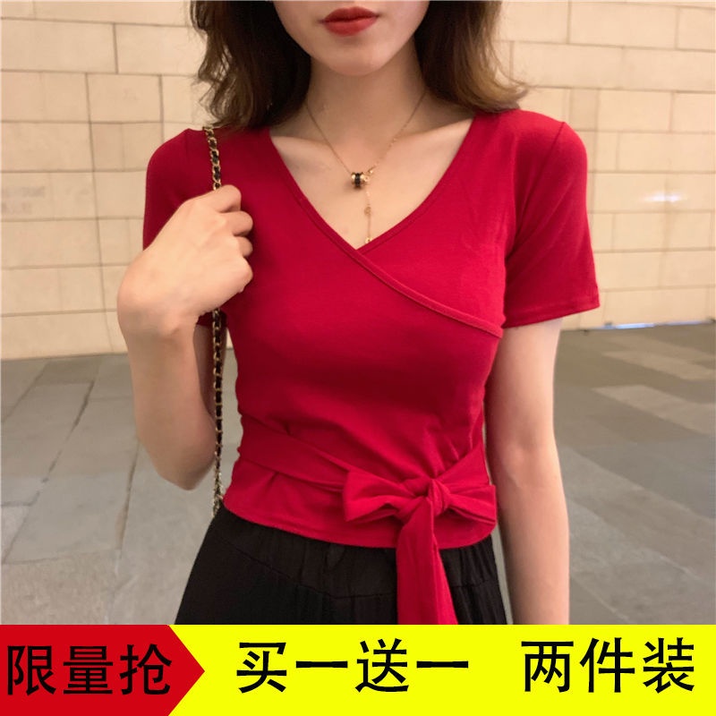 Áo Thun Tay Ngắn Cổ Chữ V Dáng Ôm Thời Trang Mùa Hè Quyến Rũ Cho Nữ