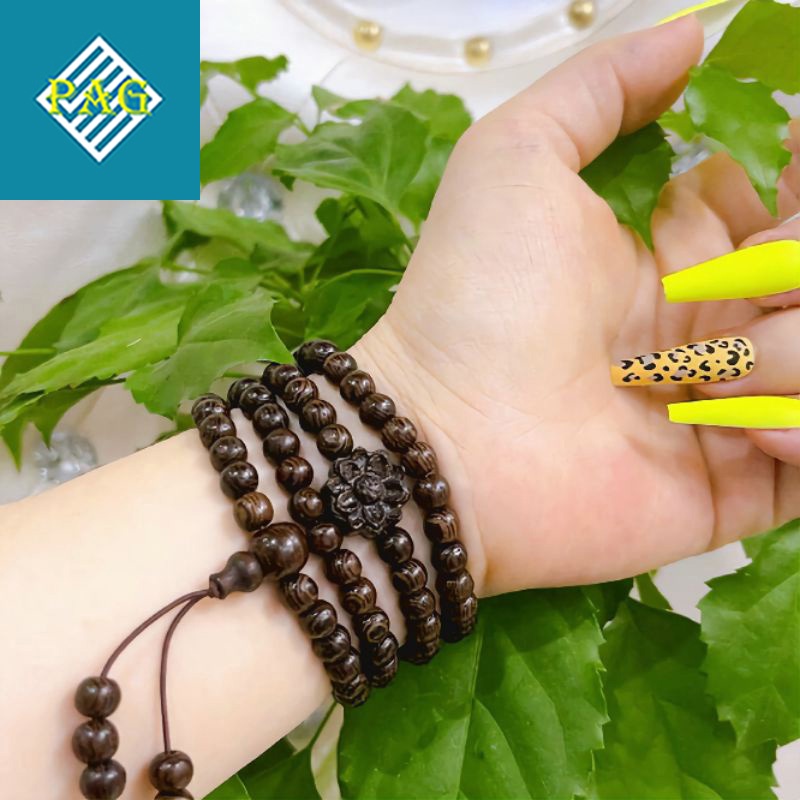Vòng Tay Trầm Hương, Chuỗi Vòng 108 Hạt Trầm Mix Bông Sen Tặng Kèm Hộp Đựng