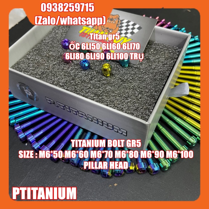 ốc titan gr5 6li trụ 6li50 6li60 6li65 6li70 6li80 6li90 (titanium grade 5 pillar head 6x50 6x60 6x65 6x70 6x80 6x90)