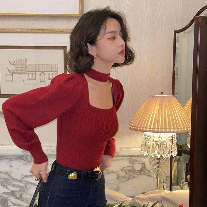 Áo Sweater Cổ Vuông Hở Lưng Màu Đỏ Phong Cách Nước Ngoài Thời Trang Thu Đông