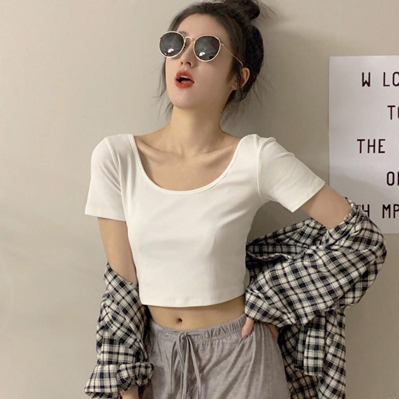 Áo Thun Nữ Tay Ngắn Màu Trơn Đơn Giản Phong Cách Hàn Quốc