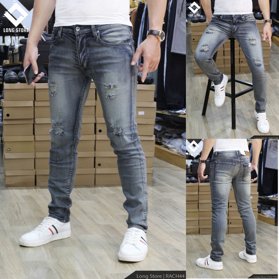 Quần jean nam rách xanh bạc bụi ✅CÓ BIG SIZE✅ Quần bò nam dáng ôm SLIMFIT skinny co giãn cao cấp - Rach44