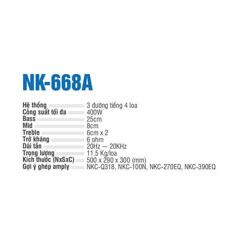 Loa treo NIKOCHI NK-668A - Hệ thống 3 đường tiếng 4 loa, Công suất tối đa 400W