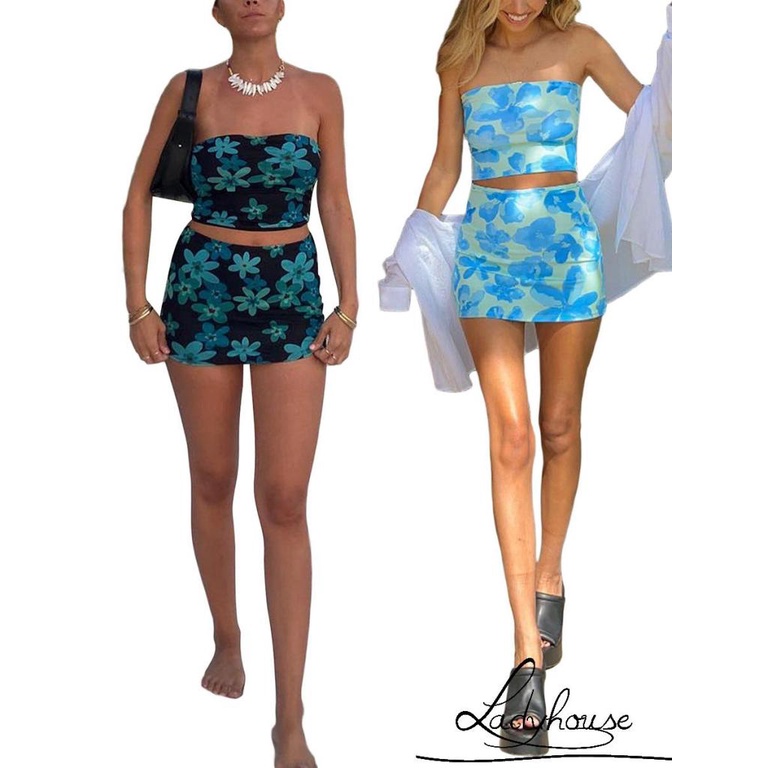 Bộ Áo Ống + Chân Váy Ngắn In Hoa Thời Trang Mùa Hè Cho Nữ