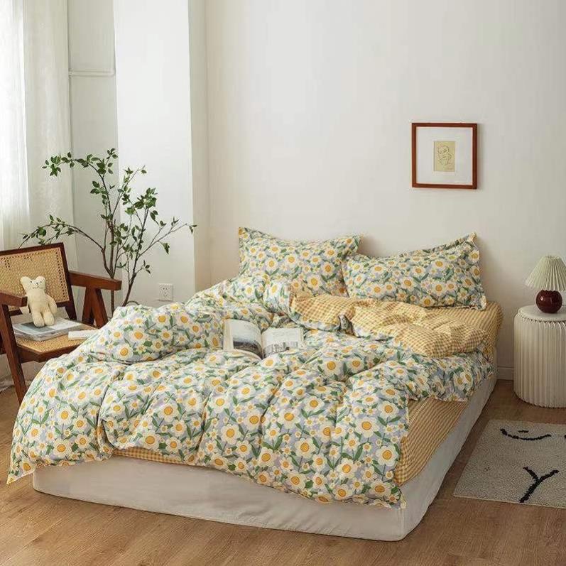 Trọn Bộ 4 Món Thương Hiệu 🌸EVILY🌸 Chăn Ga Gối Mền Cotton Poly-Mẫu HOA TRẮNG NHỊ VÀNG Siêu Xinh