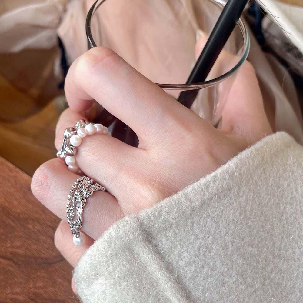 Nhẫn dạng mở đính ngọc trai nhân tạo phối dây xích thời trang sang trọng cho nữ
