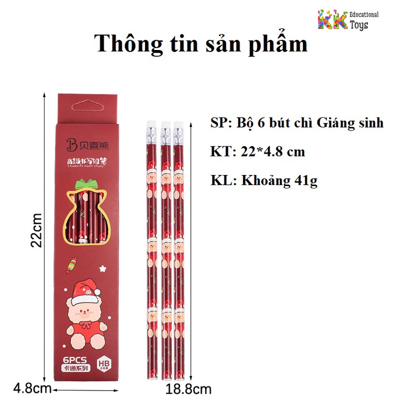 Bộ 6 chiếc bút chì họa tiết Noel/Giáng sinh độc đáo- Đồ dùng học tập, quà tặng cho con KKstore