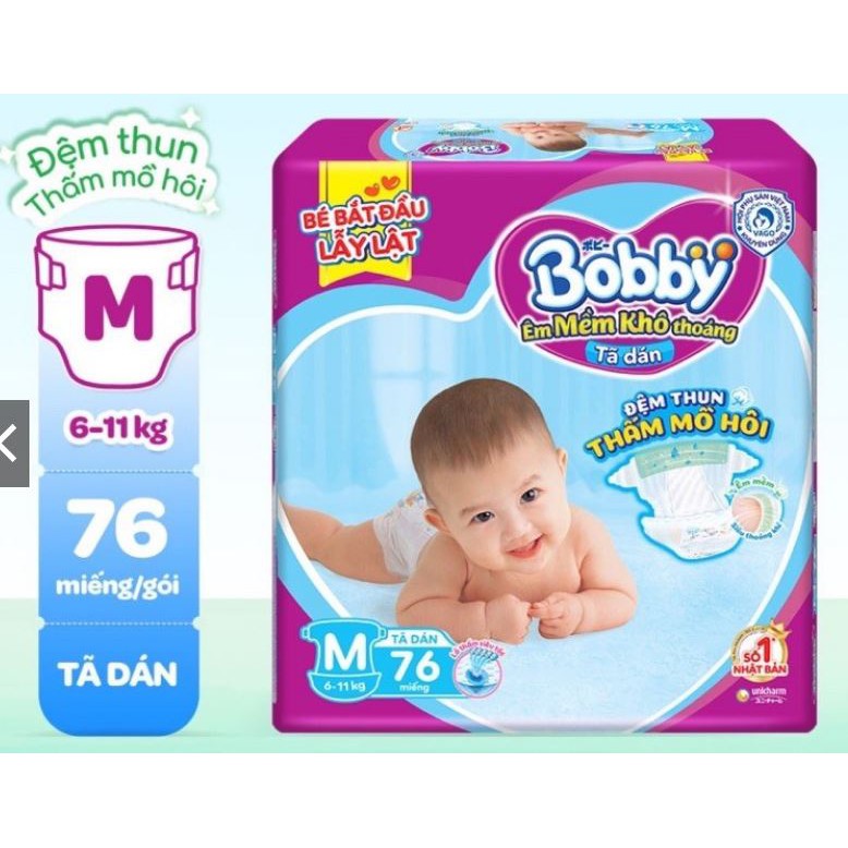 Tã bỉm dán Bobby M76 / L68 / XL62