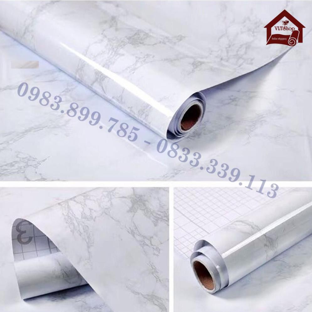 Giấy dán tường giả đá hoa cương màu trắng, có sẵn keo khổ 1.2m
