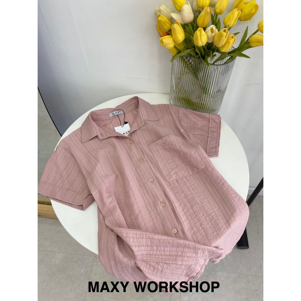 Áo sơ mi tay ngắn cách điệu bên eo Button Sleeve Shirt Pink Maxy Workshop