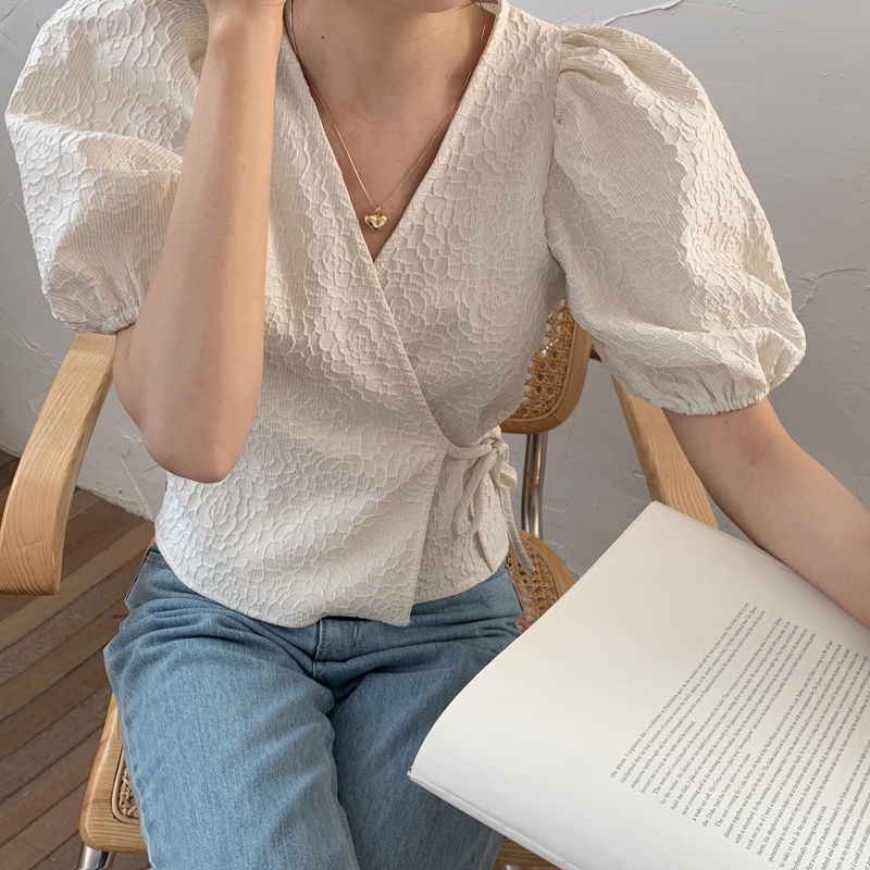 Áo Ngắn Tay Phồng Phối Ren Phong Cách Hàn Quốc Thời Trang Cho Nữ