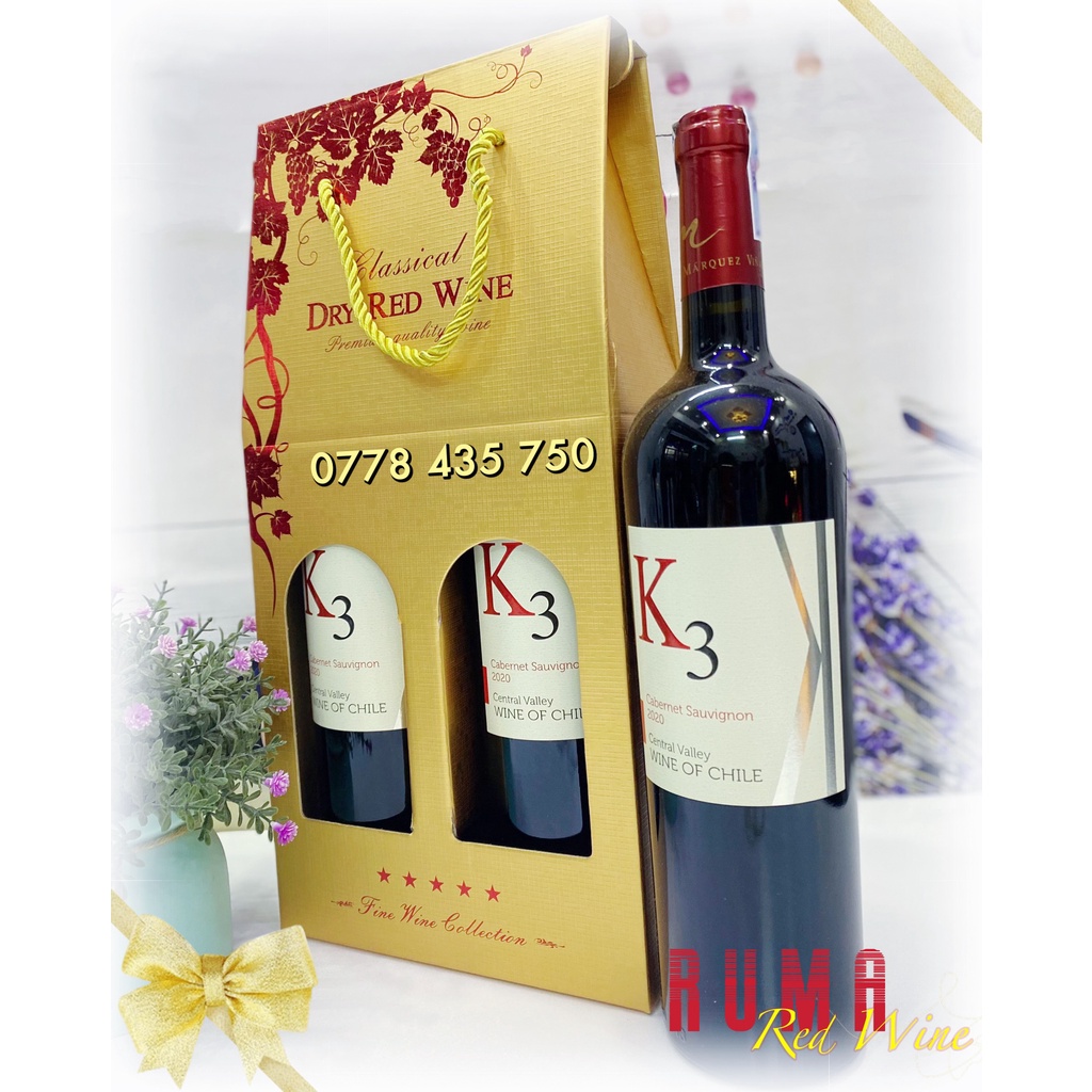 Hộp giấy 2 chai rượu vang Chile K3 Cabernet Sauvignon