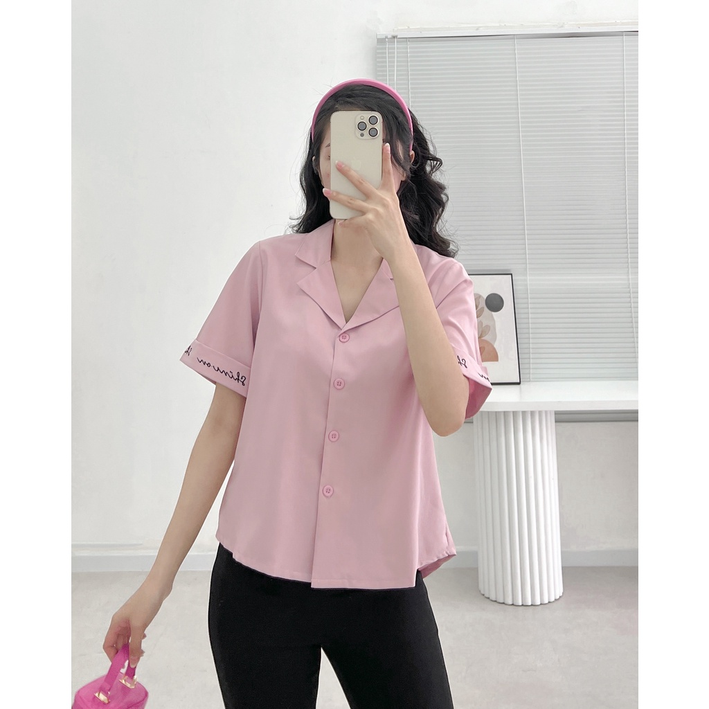 Áo sơ mi tay ngắn cổ vest thêu chữ ulzzang thời trang VM STYLE 22SU03DH0401