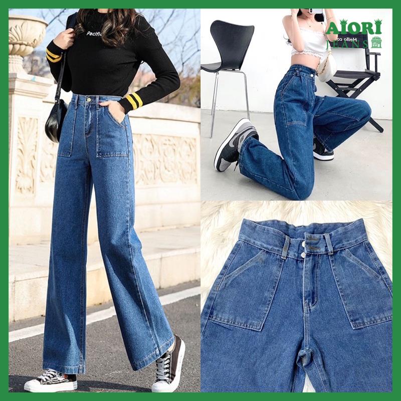 [XU HƯỚNG DENIM]Quần Jean Nữ Aiori [Dài 104cm] Jean Ống Rộng Lưng Cao 2 Nút Bò Suông Thời Trang Hàn Quốc_Mã 2022