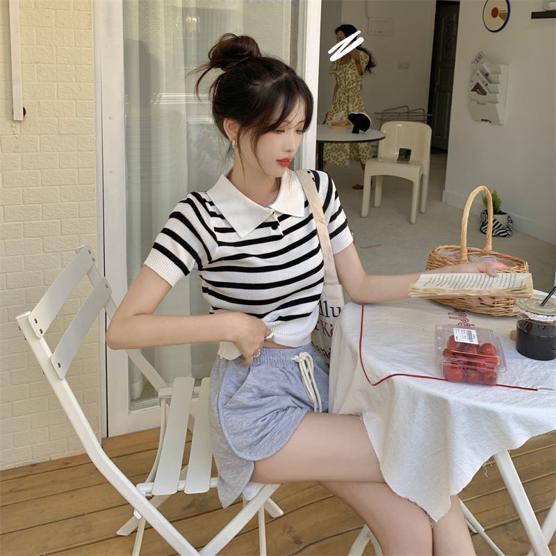 [hàng giá thấp]Áo croptop dệt kim tay ngắn cổ polo thời trang Hàn Quốc thanh lịch