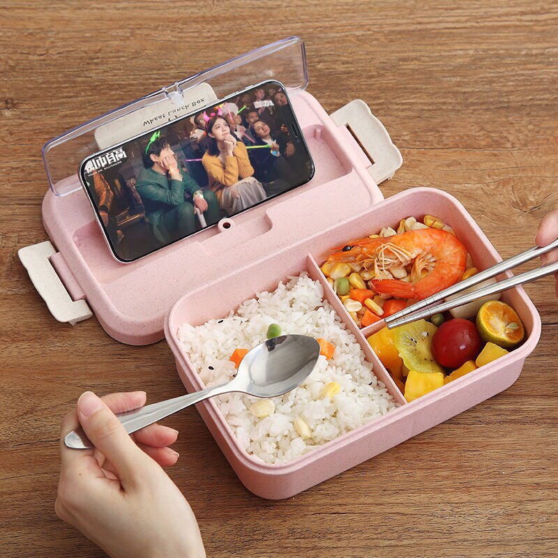 Hộp đựng cơm lúa mạch 3 ngăn, kèm đũa muỗng