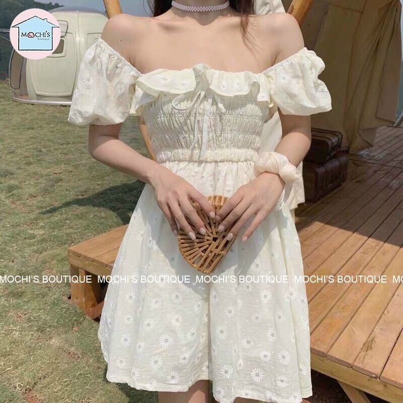 Váy đầm nữ cổ vuông tay phồng điệu đà, mẫu đầm hoa nhí đẹp mặc được 2 kiểu trễ vai hoặc cổ vuông tiện lợi-M063 | BigBuy360 - bigbuy360.vn