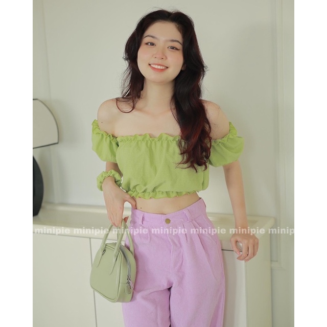 Áo Croptop Trễ Vai Tay Bồng Tiểu Thư Mùa Hè Màu Xanh bơ/Hồng Hot Pink/Đen - Minipie