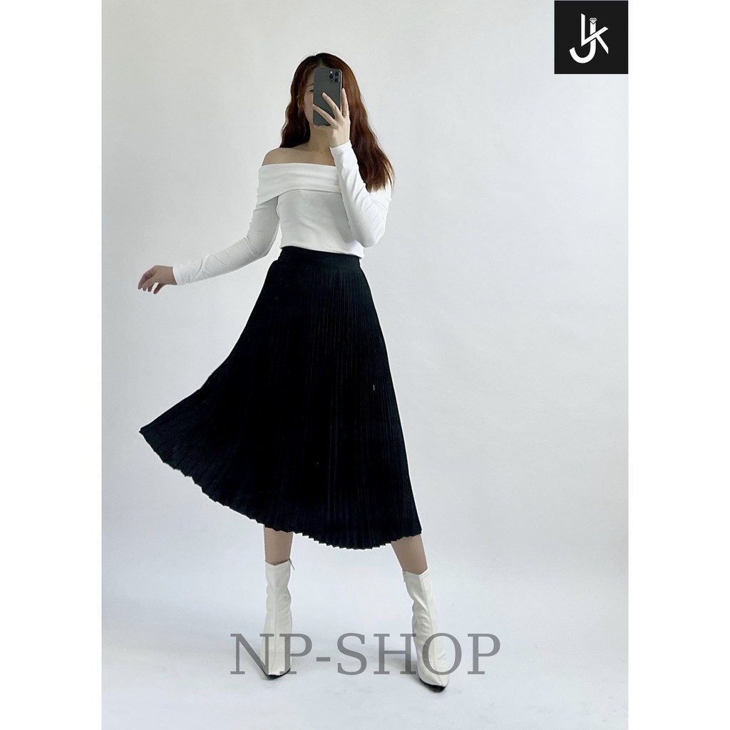 Chân váy nữ xếp ly dáng xoè NPSHOP, chân váy lưng cao xếp ly dáng dài NPCV004