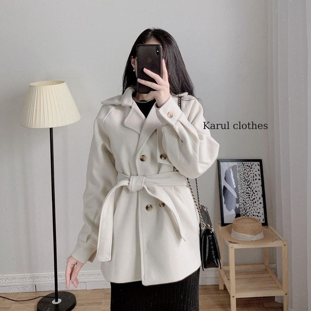 Áo khoác nữ dạ cổ vest có đai , 4 khuy  kiểu  hàng hàn quốc , áo khoác nữ dạ 2 màu  be , kem  kiểu dáng blazer có đai