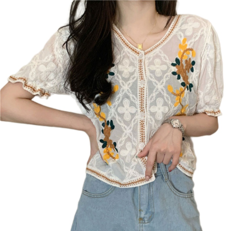Áo Croptop Tay Ngắn Dáng Rộng Thêu Họa Tiết Hoa Phong Cách Pháp Cổ Điển Thời Trang Cho Nữ
