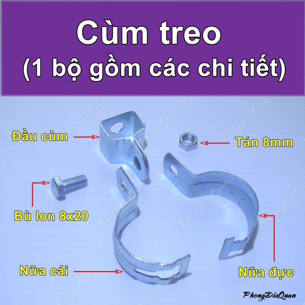 [10 bộ] Cùm treo phi 60mm đến 140mm (đai treo ống)