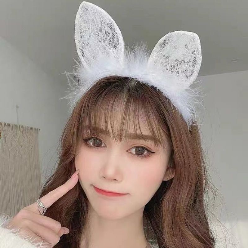 Băng Đô Cài Tóc Hình Tai Thỏ Phối Ren Đính Lông Dễ Thương Phong Cách Hàn Quốc Hot TikTok